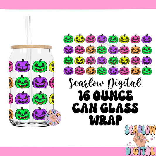 Neon Jack o Lanterns Can Glass Wraps PNG Digital Design Download, neon pumpkins cup wrap png, halloween cup wrap png, spooky cup wrap png