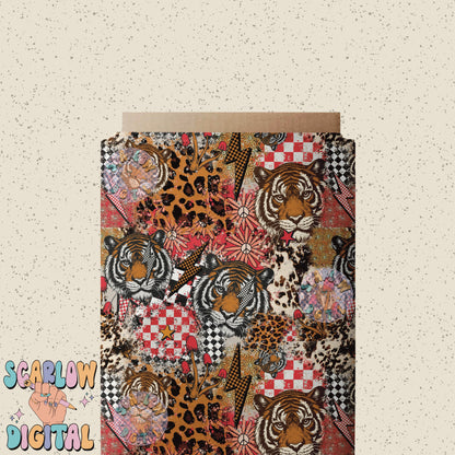 Patchwork Tiger Seamless Pattern Digital Design Download, checkers seamless pattern, grunge digital paper, rocker designs, edgy seamless