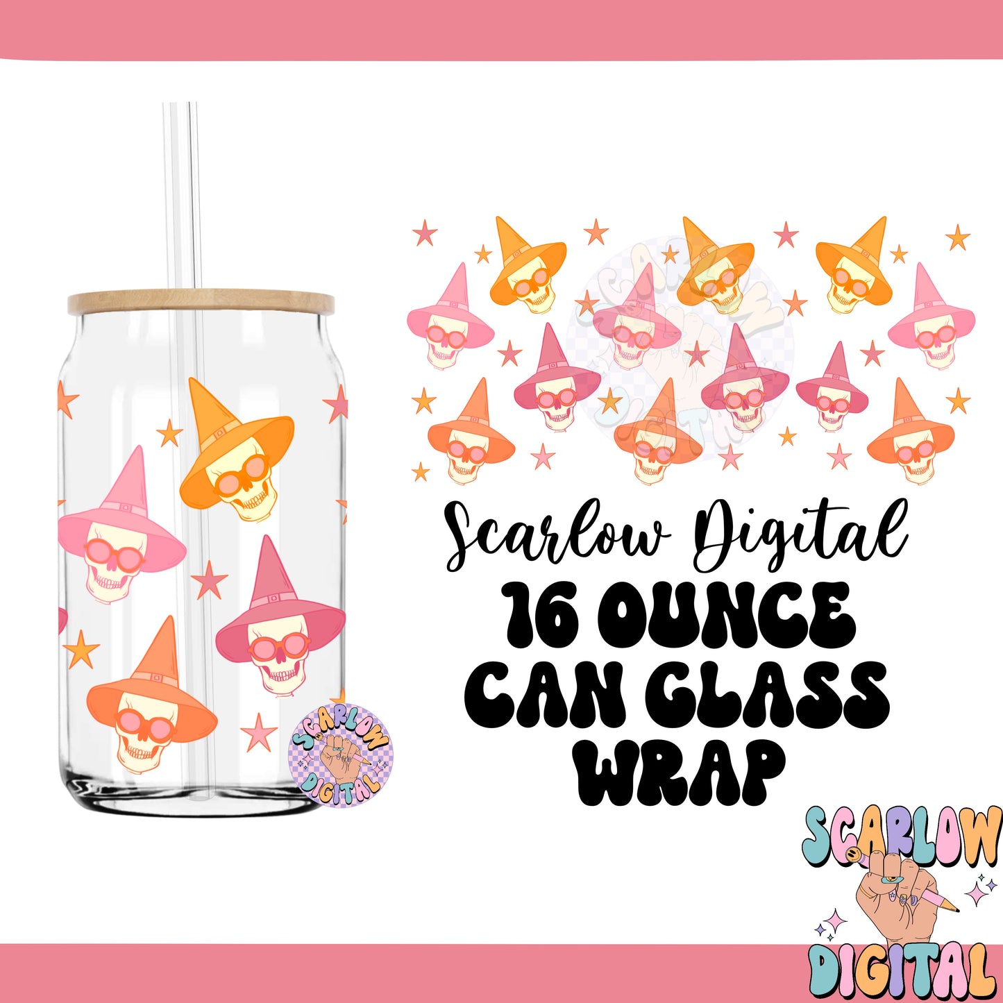 Skeletons in Witch Hats 16 Ounce Can Glass Wrap PNG Digital Design Download, halloween cup wrap png, spooky season can glass png wrap design