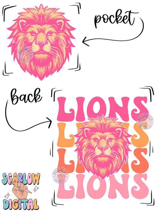 Lions Front and Back PNG Digital Design Download, sports mascot png, football png, baseball png, retro png, trendy png, sports shirt design, school png