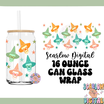 Skeletons in Witch Hats 16 Ounce Can Glass Wrap PNG Digital Design Download, halloween cup wrap png, spooky season can glass png wrap design