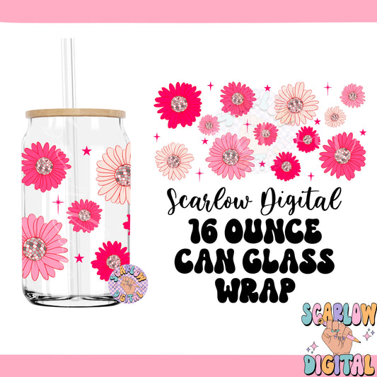 Disco Flowers 16 Ounce Can Glass Wrap PNG-New Years Sublimation Digital Design Download-UV DTF can glass wrap png, beer can glass png design