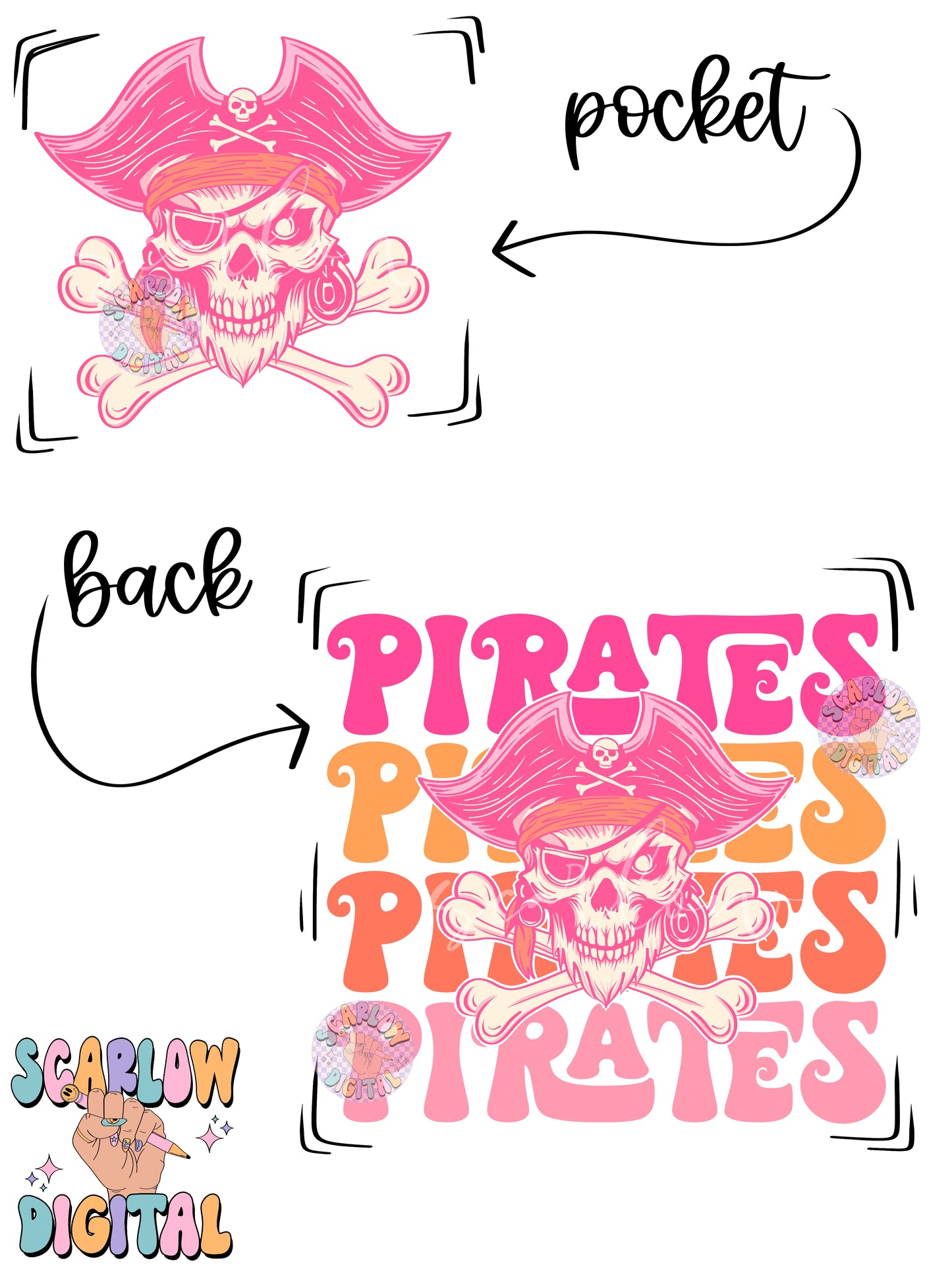 Pirates Front and Back PNG Digital Design Download, sports mascot png, football png, baseball png, retro png, trendy png, sports tshirt designs, school png