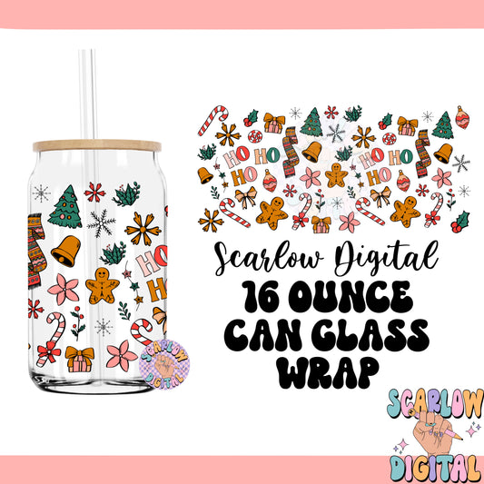 Christmas 16 Ounce Can Glass Wrap PNG Digital Design Download, xmas tree cup wrap png, santa claus png, candy cane png, winter cup wrap png