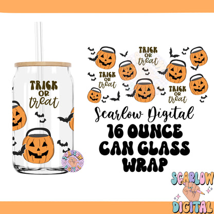 Trick or Treat Can Glass Wrap PNG Digital Design Download, Halloween 16 oz cup wrap png, jack o lantern png, fall cup wrap png, bats png