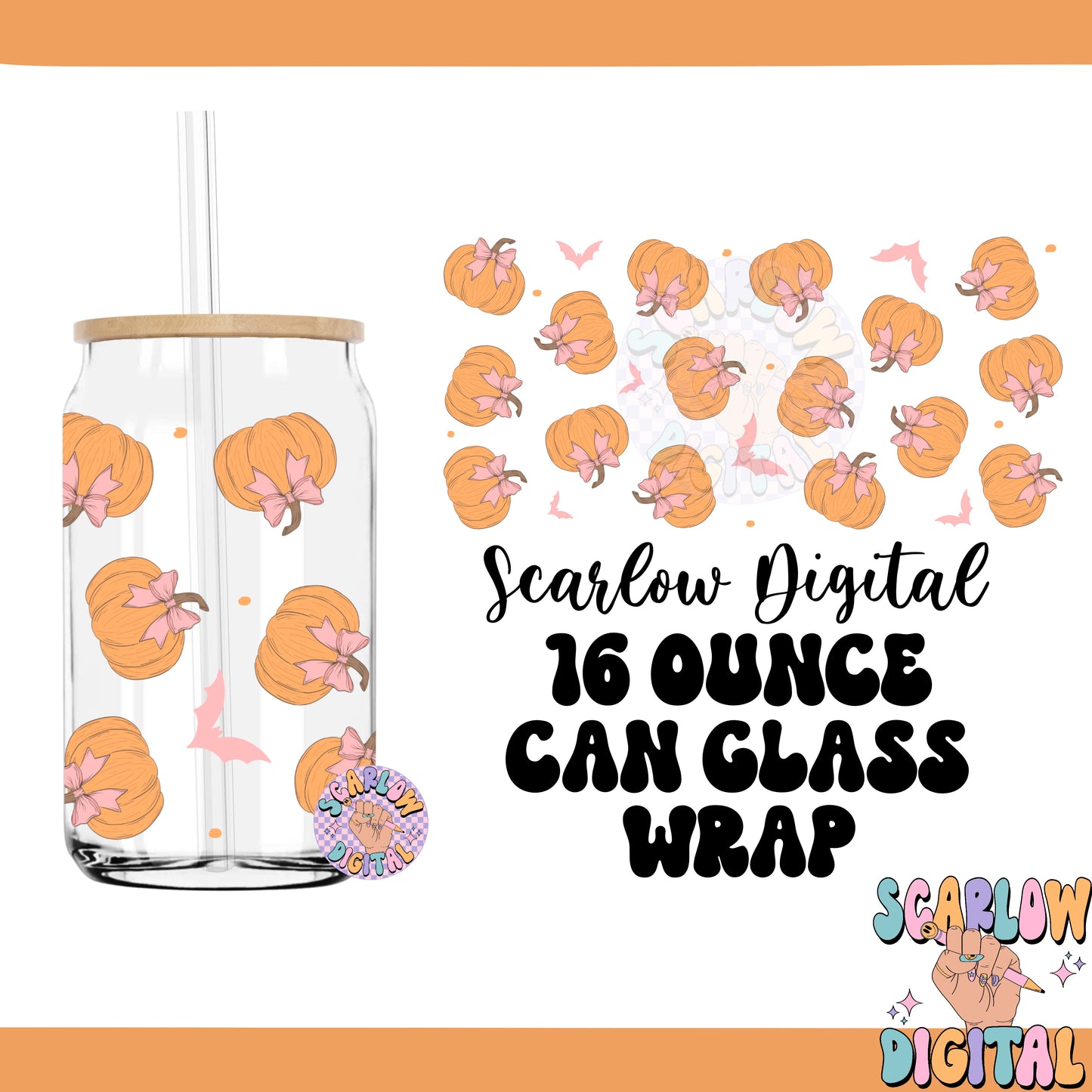 Fall Pumpkins with Bows Can Glass Wrap 16 oz PNG Digital Design Download, pumpkin cup wrap png, spooky cup wrap png, coquette cup wrap png