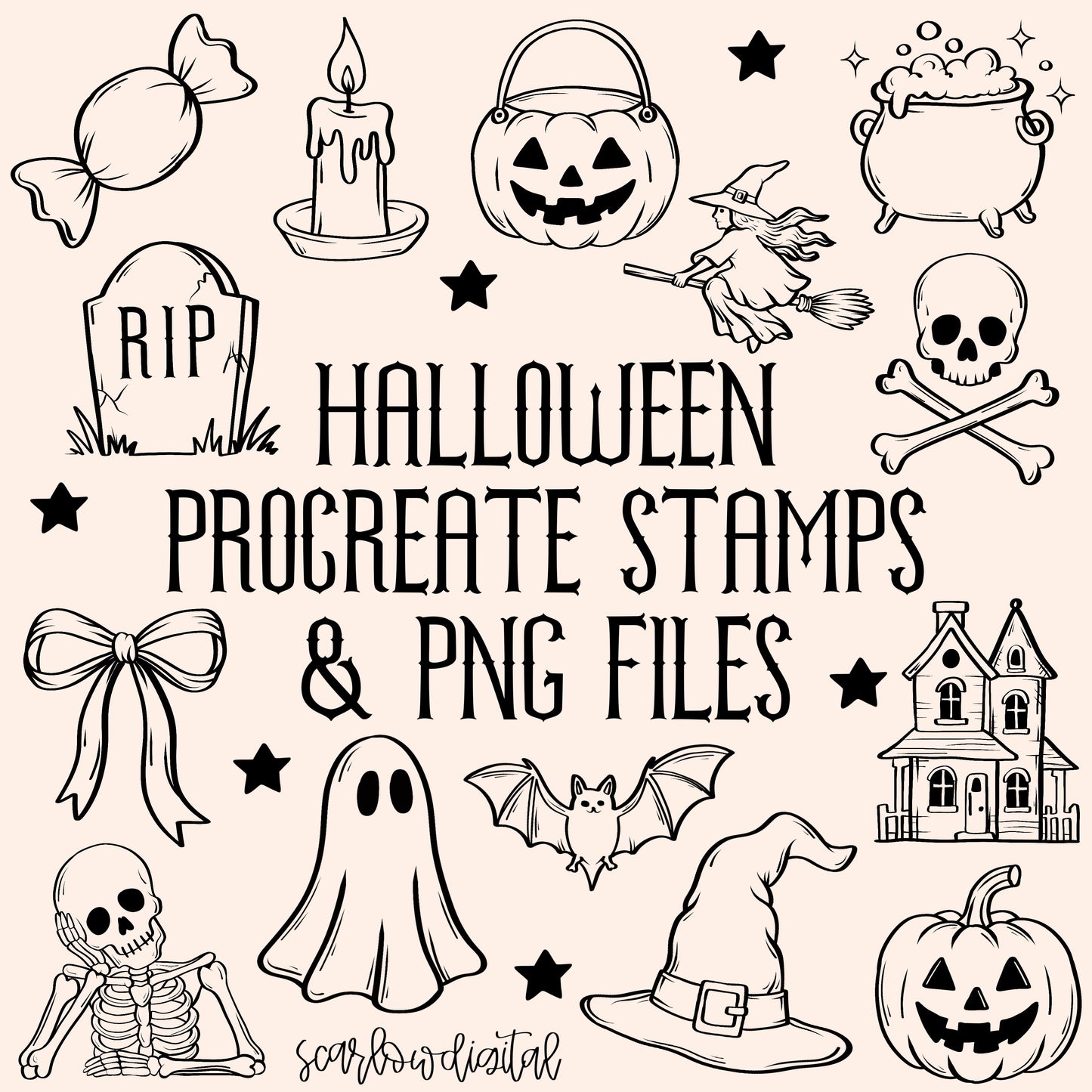 Halloween Procreate Stamps + PNG Clipart