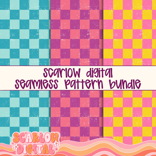 Neon Retro Checkered Seamless Pattern Bundle Digital Design