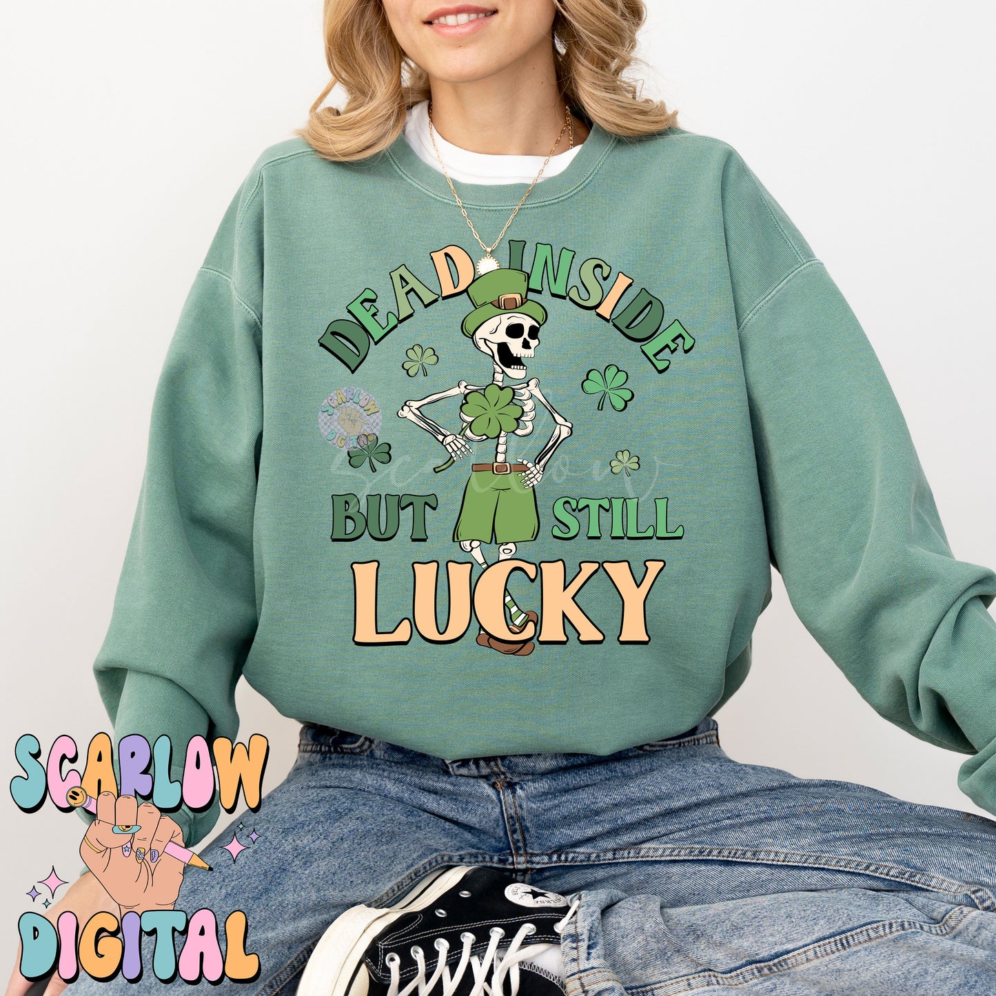 Dead Inside But Still Lucky PNG-St Patrick's Day Sublimation Digital Design Download-shamrock png, skeleton png, adult humor png designs