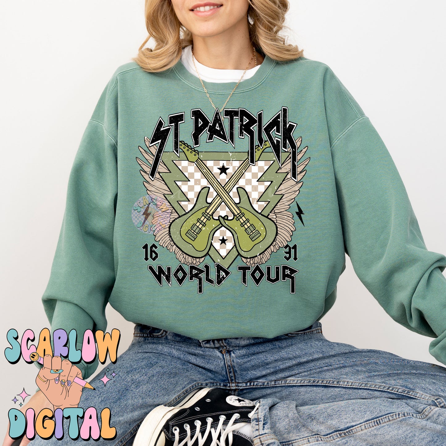 St Patrick World Tour PNG-Saint Patrick's Day Sublimation Digital Design Download-rock concert png, guitar png, lucky png, shamrock png