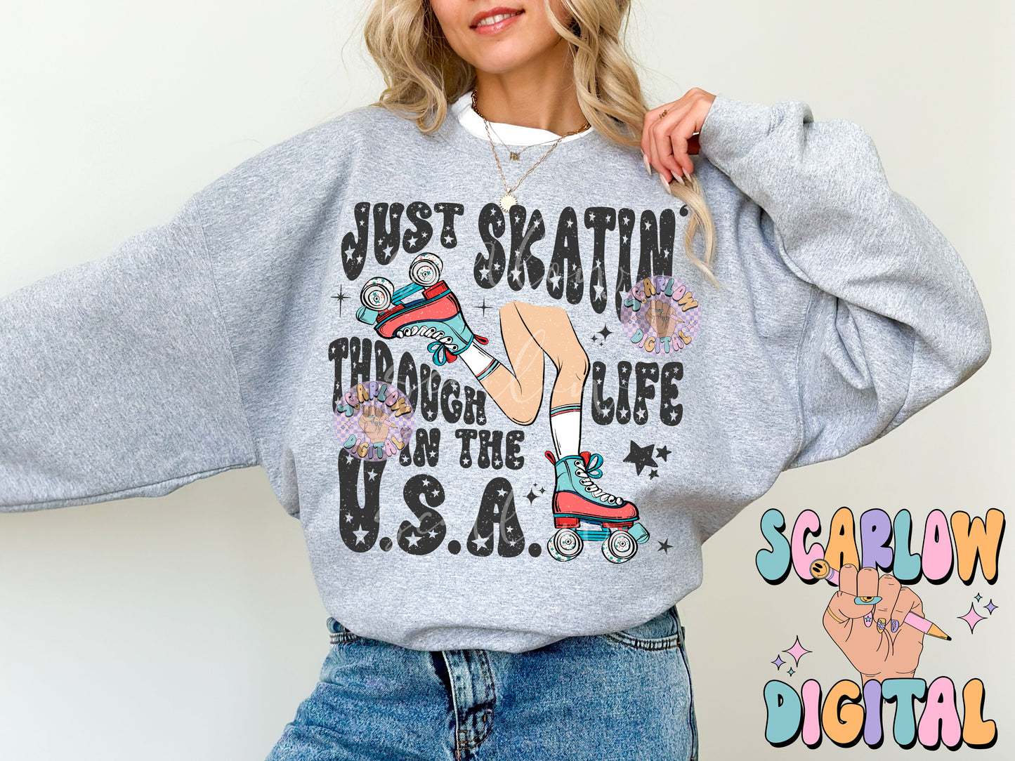 Just Skatin' Through Life in the USA PNG Fourth of July Digital Design Download, patriotic png, july 4th png, america png, trendy png design