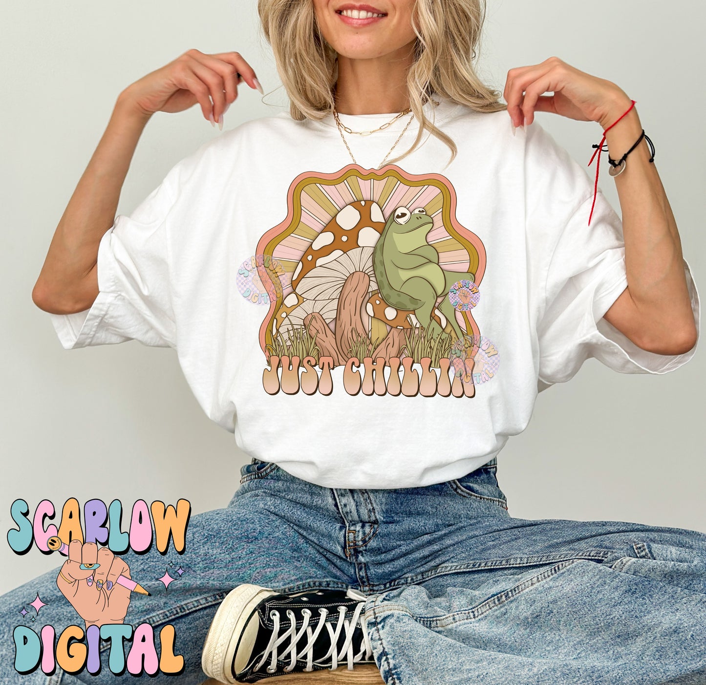 Just Chillin PNG Digital Design Download, frog png, mushroom png, trendy png, groovy png, funny png, hippie png, sublimation print png