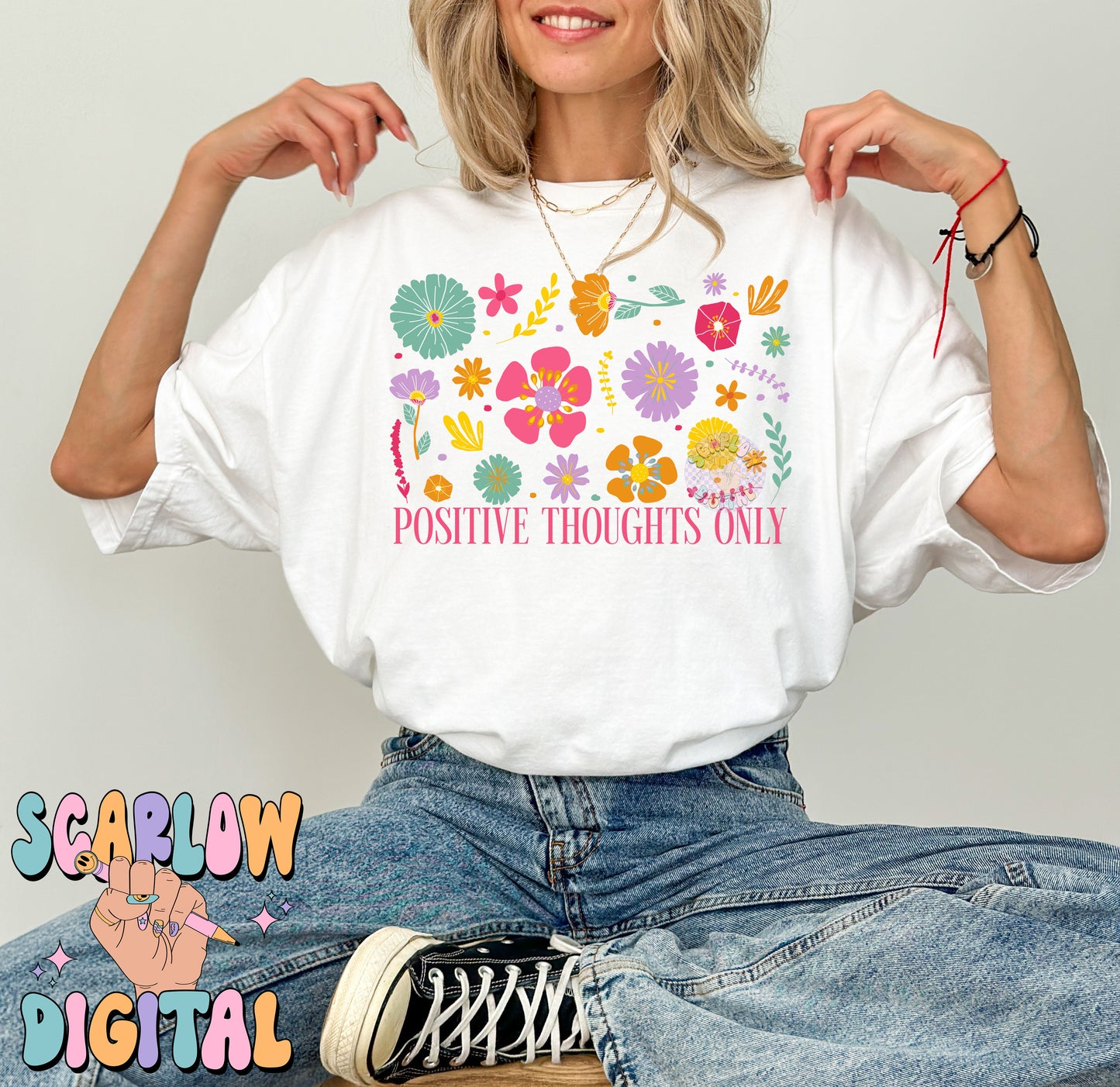 Positive Thoughts Only PNG Digital Design Download, doodle flowers png, motivation png, positivity png, self love png, mental health png