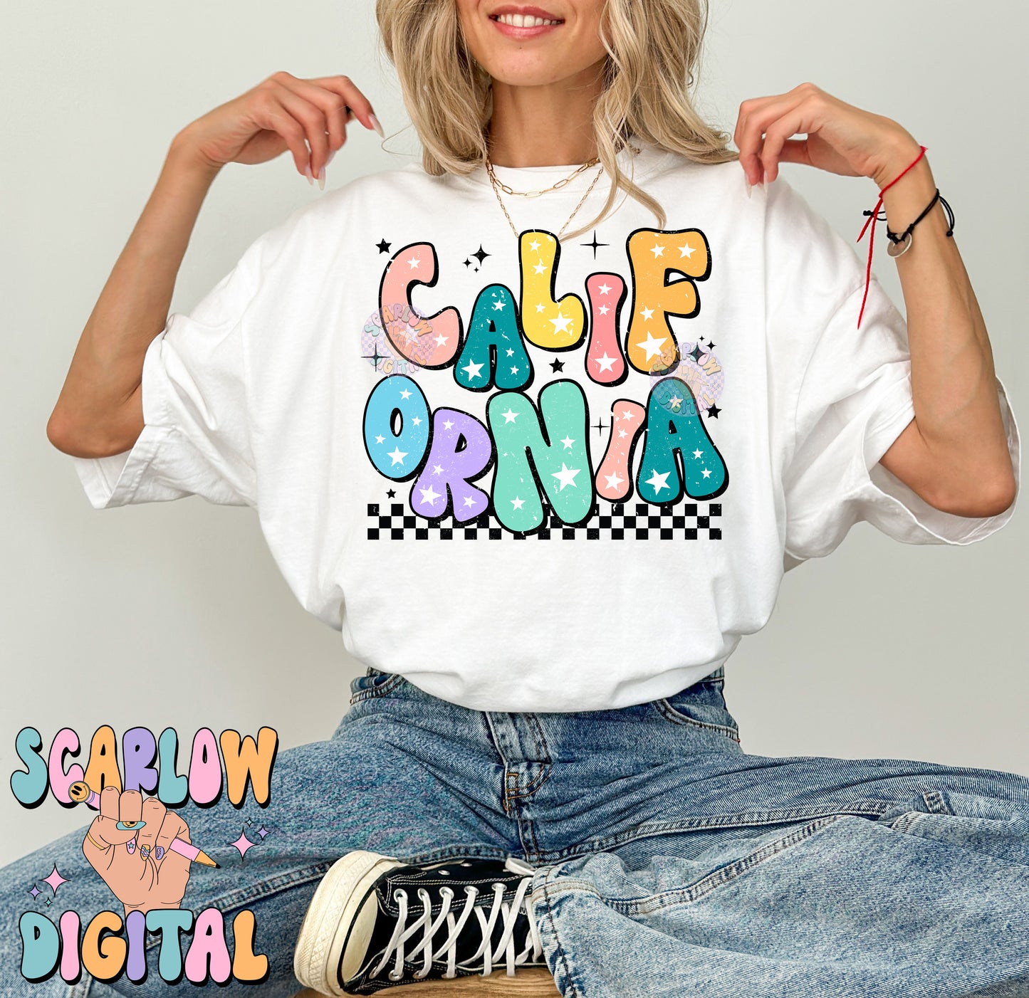 California PNG Digital Design Download, city png design, colorful png, stars png, women png, California tshirt png, retro png, hometown png