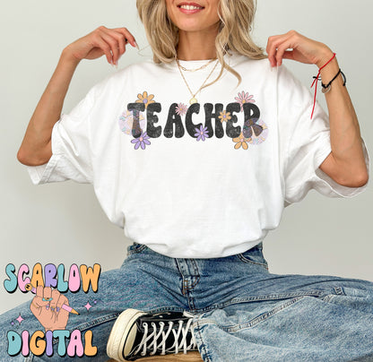 Teacher PNG Digital Design Download, back to school png, educator png, flowers png, trendy school design, floral teacher png, school png