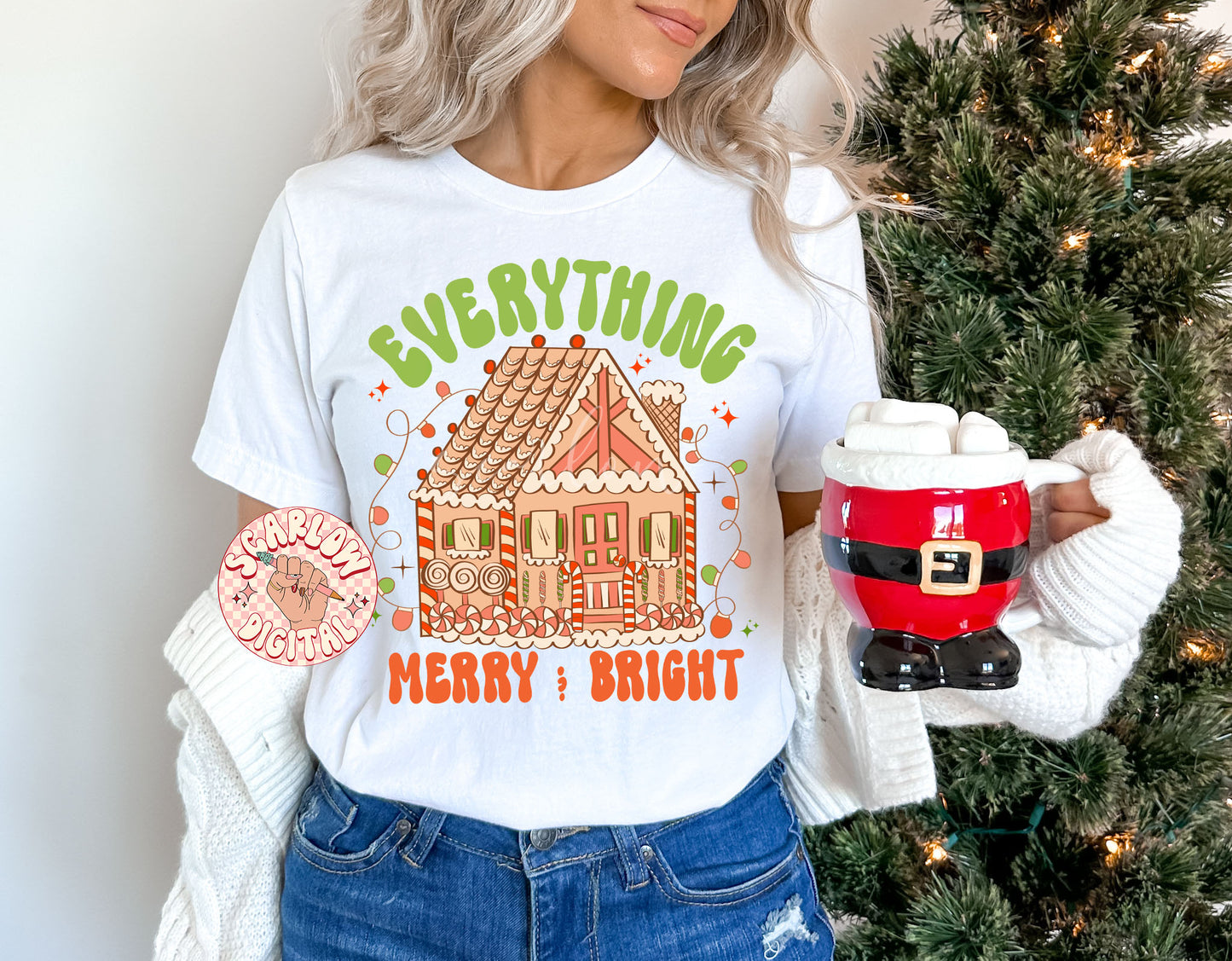 Everything Merry and Bright PNG-Christmas Sublimation Digital Design Download-gingerbread house png, christmas lights png, retro holiday png