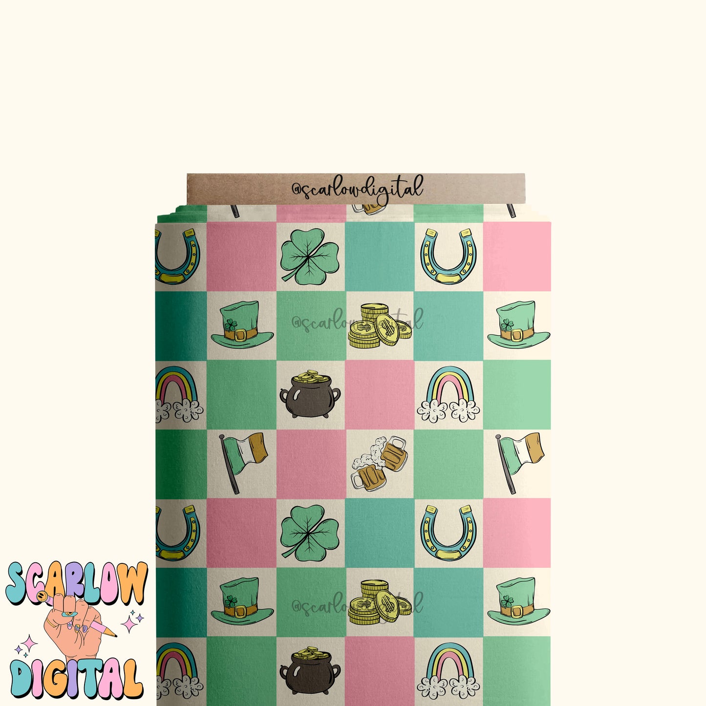 Checkered St Patrick's Day Doodles Seamless Pattern Sublimation Digital Design, rainbow seamless, pot of gold seamless, girl seamless files