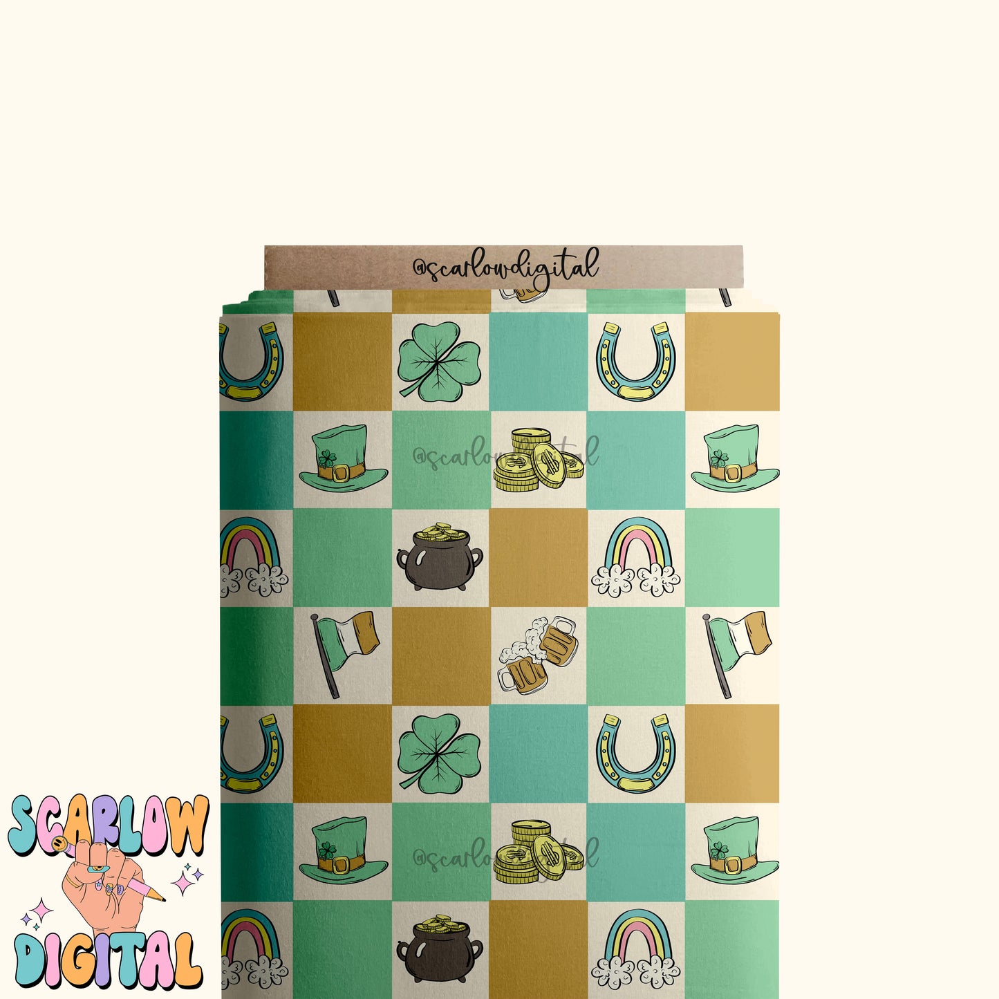 Checkered St Patrick's Day Doodles Seamless Pattern Sublimation Digital Design, rainbow seamless, pot of gold seamless, boy seamless files
