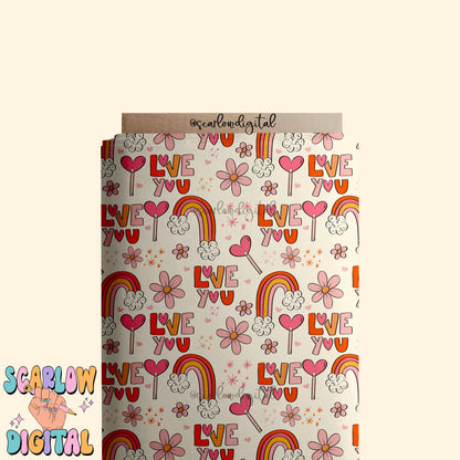 Love You Seamless Pattern-Valentine's Day Sublimation Digital Design Download-boho rainbow seamless pattern, flowers seamless, hearts design