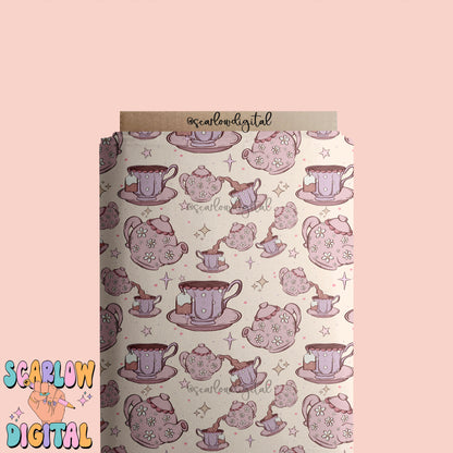 Tea Party Seamless Pattern Digital Design Download, tea cup seamless paper, tea pot pattern, coquette designs, trendy girl seamless patterns