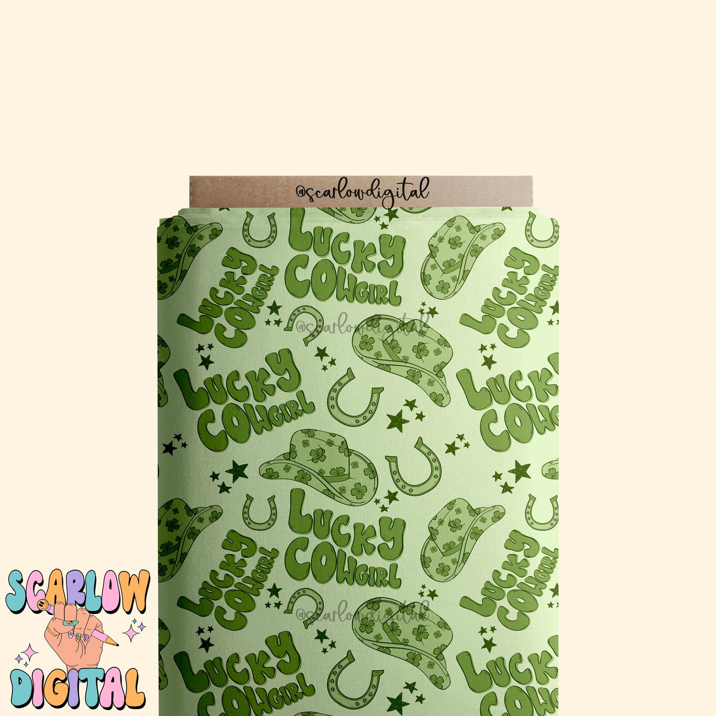 Lucky Cowgirl Seamless Pattern-St Patrick's Day Digital Design Download-shamrock seamless pattern, horseshoe seamless file, western seamless