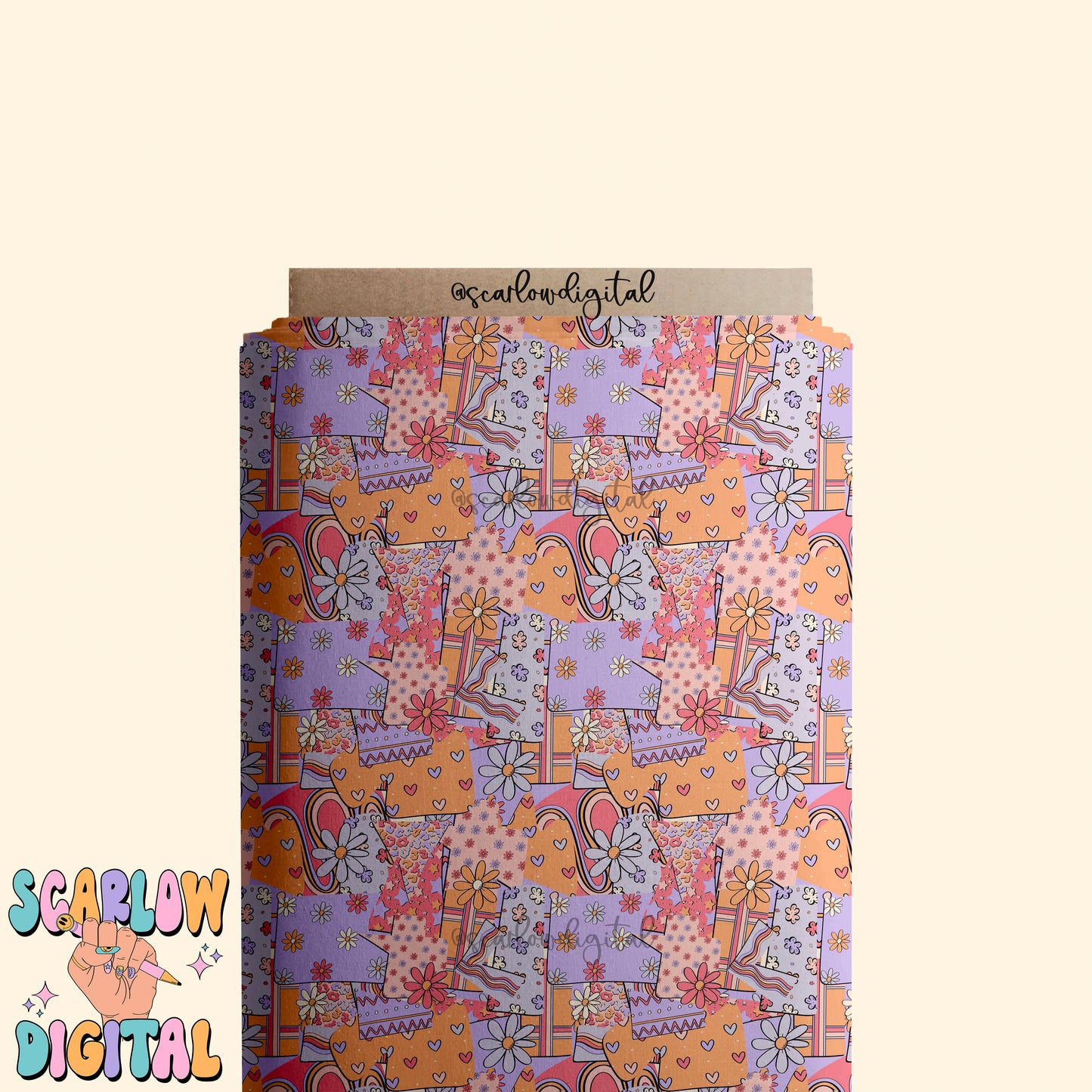 Retro Floral Patchwork Seamless Pattern Digital Design Download, girly seamless paper, trendy digital paper, groovy seamless pattern