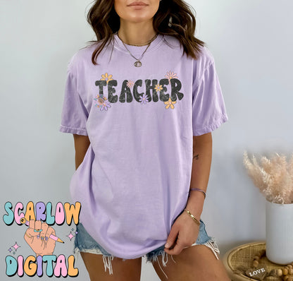 Teacher PNG Digital Design Download, back to school png, educator png, flowers png, trendy school design, floral teacher png, school png