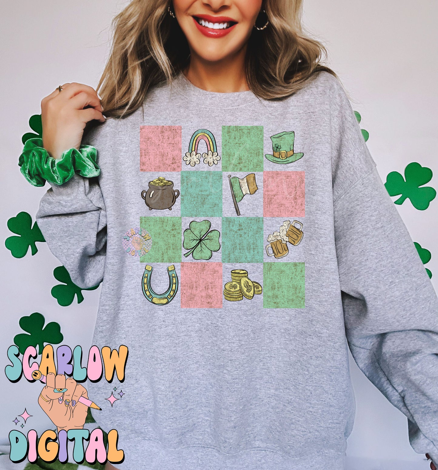 Checkered St Patrick's Day Doodles PNG Sublimation Digital Design Download, leprechaun png, png with no words, lucky png, girl png designs