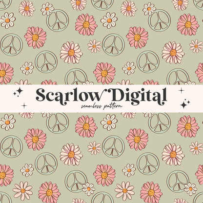 Floral Peace Sign Seamless Pattern-Hippie Sublimation Digital Design Download-groovy seamless file, flower surface pattern, boho seamless