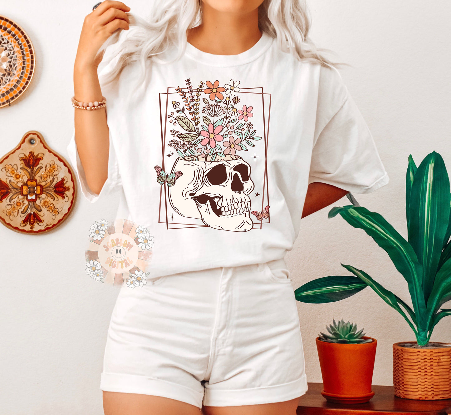 Floral Skull PNG Sublimation Digital Design Download, flowers png, skeleton png, butterfly png, trendy png, boho png, retro png, women png