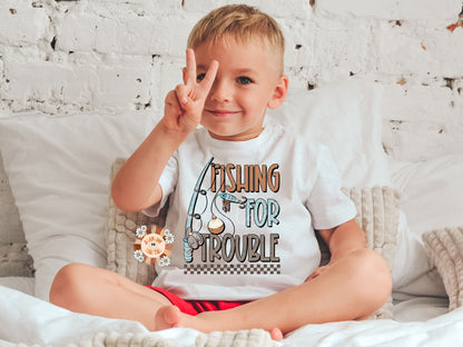 Fishing for Trouble PNG-Boy Sublimation Digital Design Download-fisherman png, little boy png, daddy boy png, fishing lure png, rod and reel