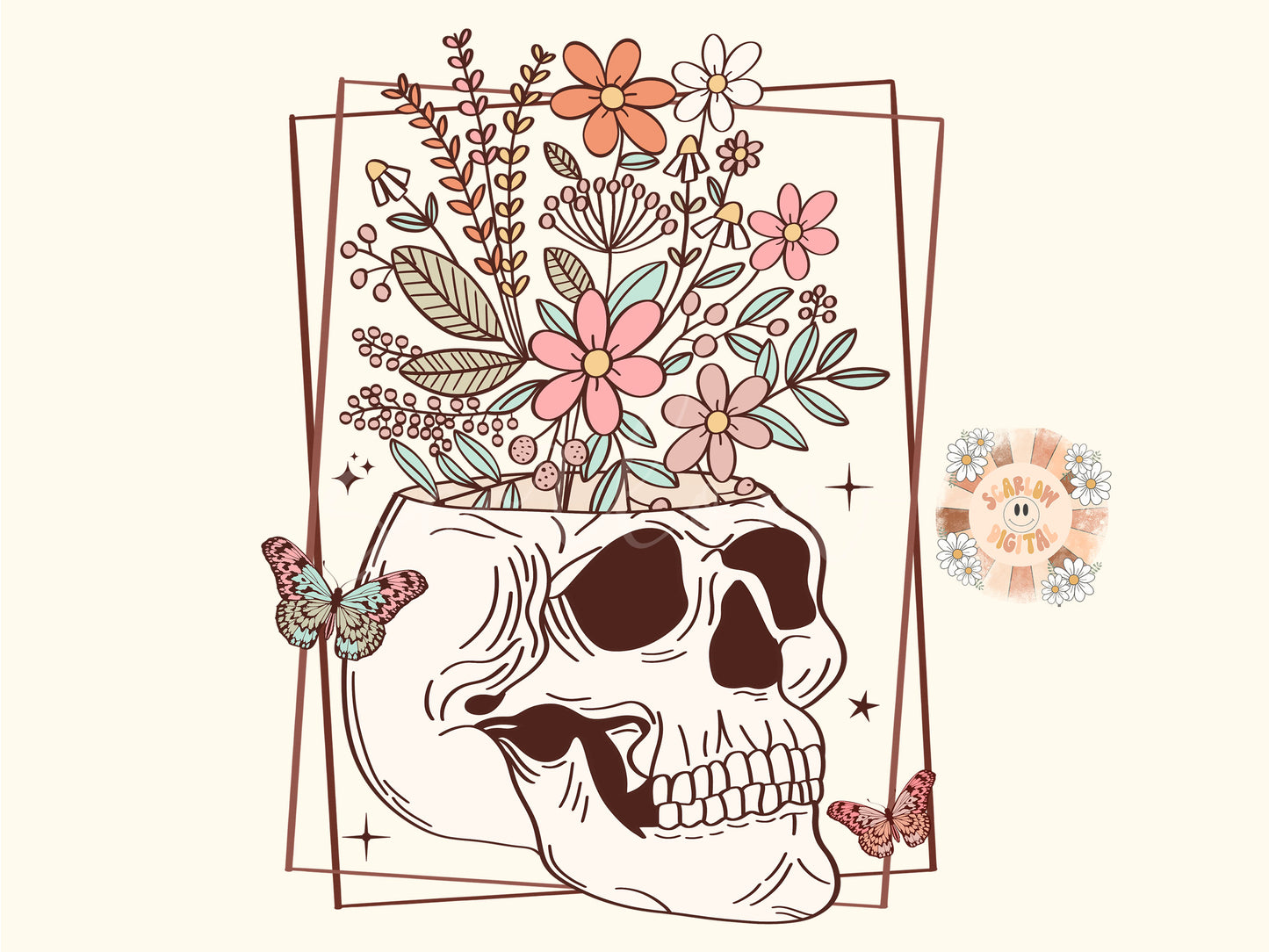 Floral Skull PNG Sublimation Digital Design Download, flowers png, skeleton png, butterfly png, trendy png, boho png, retro png, women png