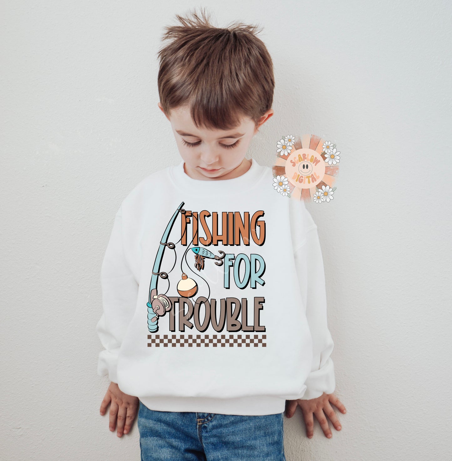 Fishing for Trouble PNG-Boy Sublimation Digital Design Download-fisherman png, little boy png, daddy boy png, fishing lure png, rod and reel