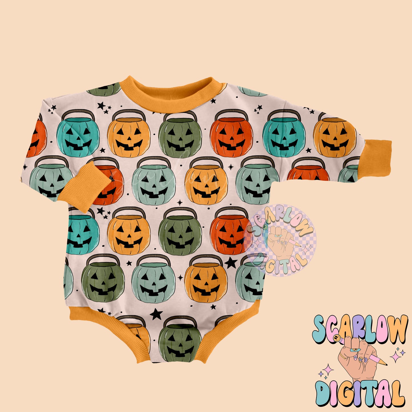 Pumpkin Buckets Seamless Pattern-Halloween Sublimation Digital Design Download-boy halloween seamless pattern, spooky season seamless files