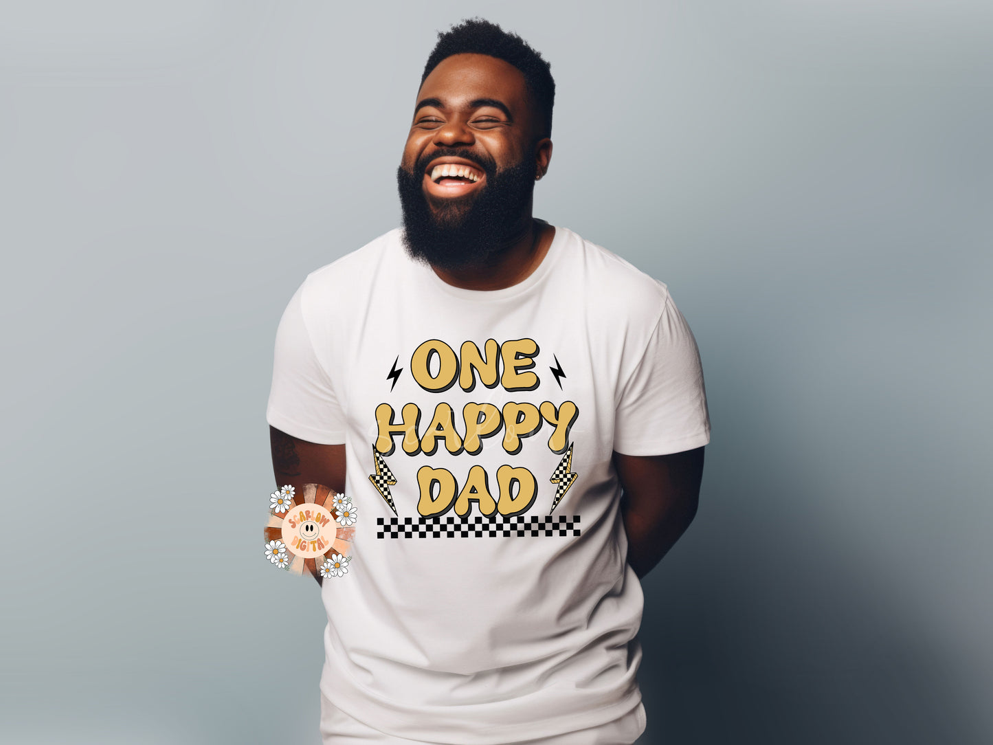 One Happy Dad PNG-Retro Sublimation Digital Design Download-checkered png, png for dads, happiness png, daddy and me png, dad and son png