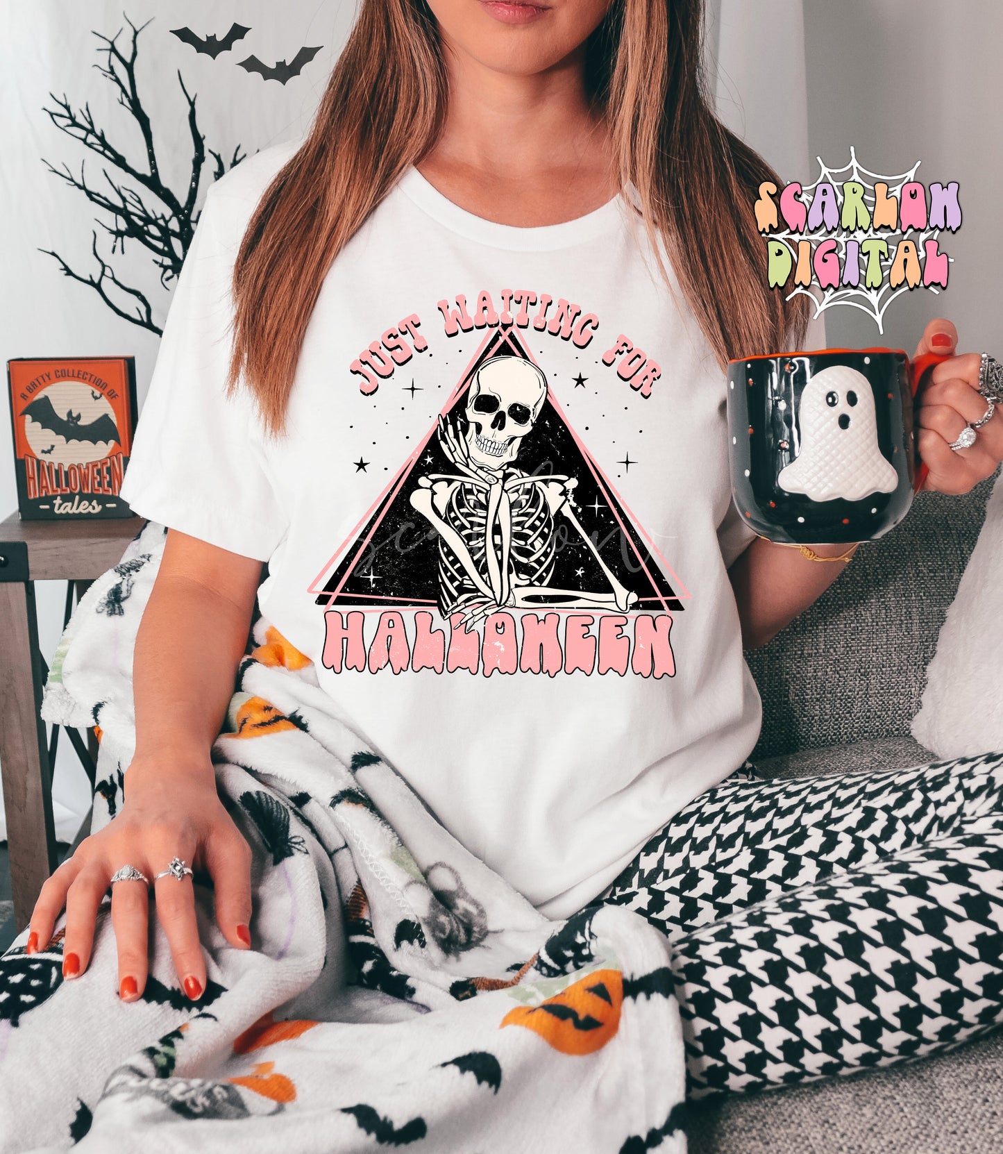 Just Waiting For Halloween-Skeleton Sublimation Digital Design Download-spooky season png, skull png, fall png, funny halloween png design