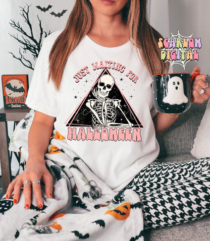 Just Waiting For Halloween-Skeleton Sublimation Digital Design Download-spooky season png, skull png, fall png, funny halloween png design