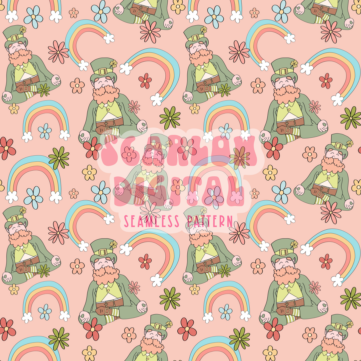 Meditating Leprechaun Seamless Pattern-Saint Patty's Day Sublimation Digital Design Download-lucky seamless file, clover seamless pattern