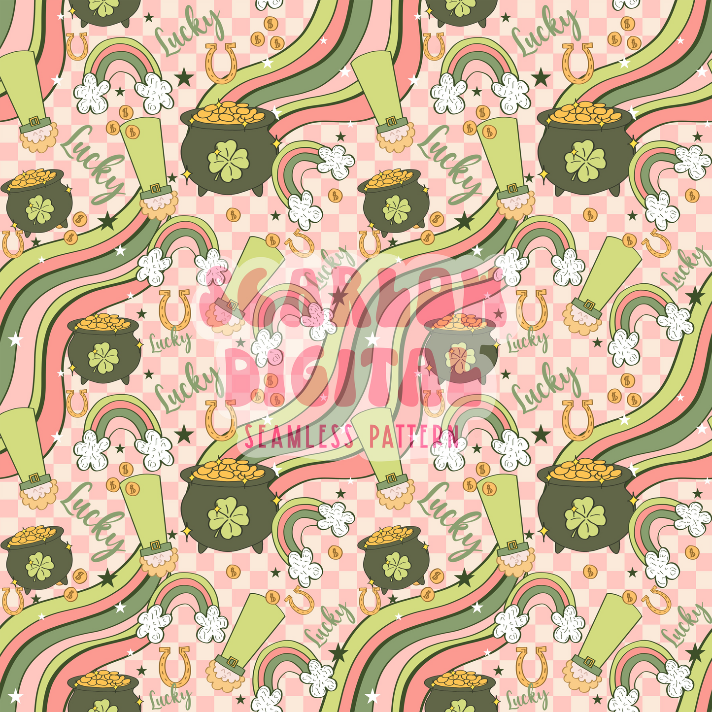 Lucky Rainbow Seamless Pattern-Saint Patty's Day Sublimation Digital Design Download- leprechaun seamless pattern, lucky girl seamless file