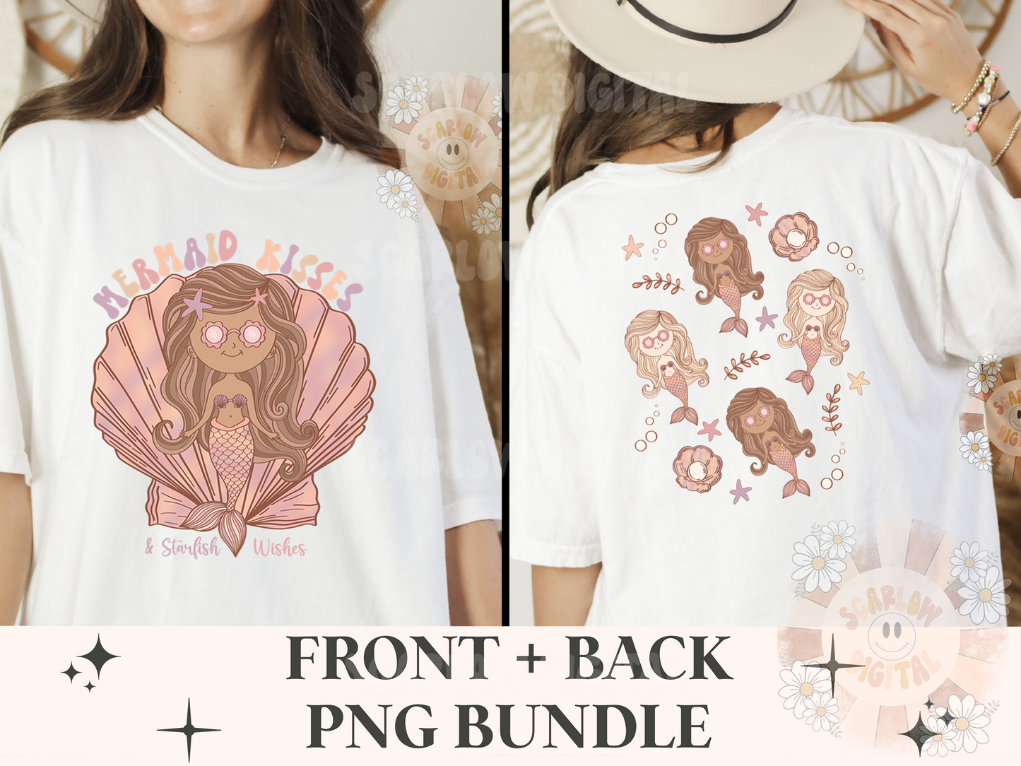 Mermaid Front and Back PNG Bundle-Summer Sublimation Digital Design Download-little girl png, beach png, shell png, starfish png, trendy png