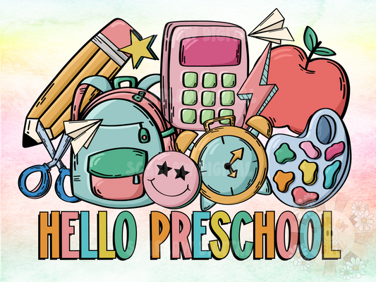 Hello Preschool PNG-Back to School Sublimation Digital Design Download-preK png, retro png, trend png, unisex png, toddler png, doodle png