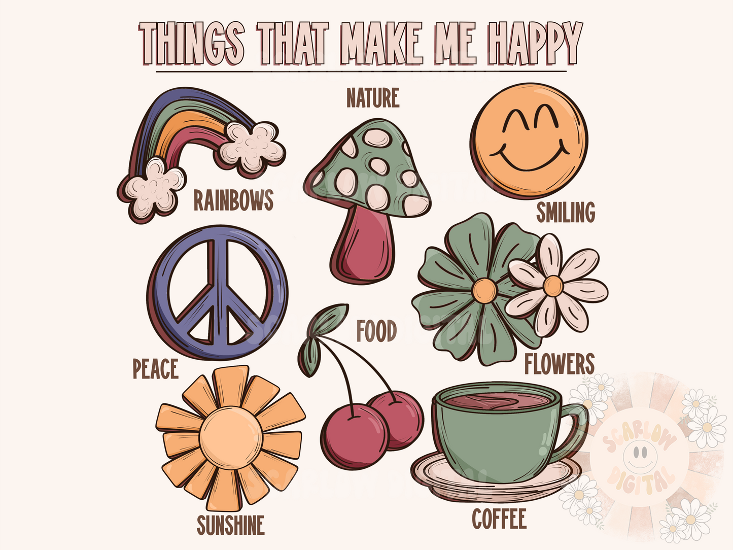 Things That Make Me Happy PNG Sublimation Digital Design Download-mushroom png, rainbow png, cottagecore png, summer png, coffee png design