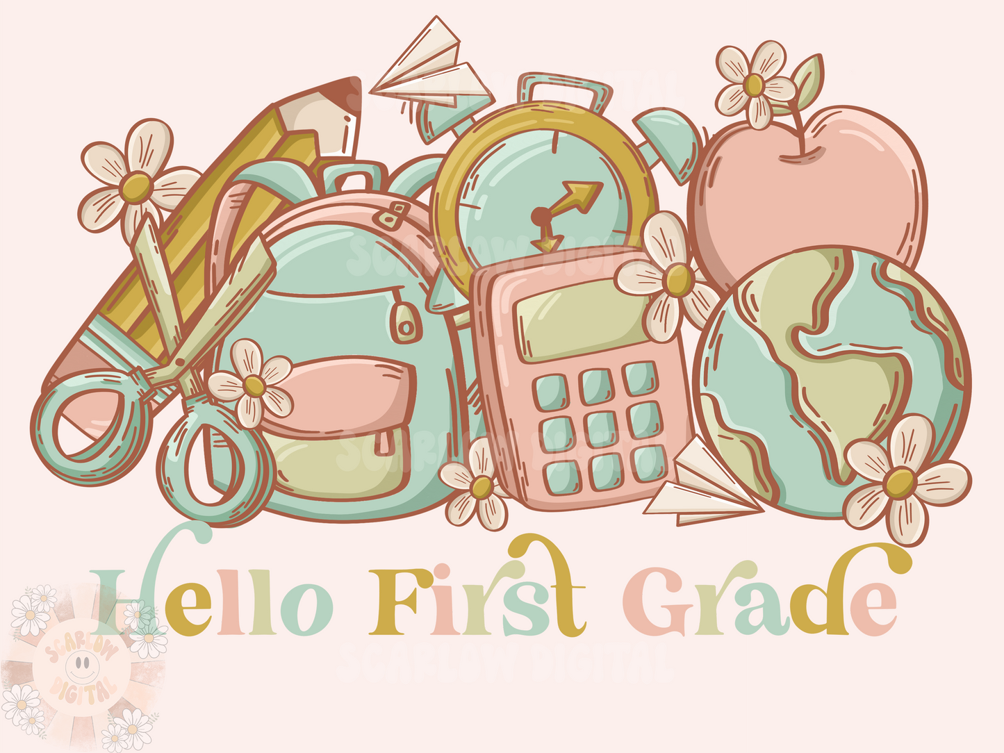 Hello First Grade PNG-Back to School Sublimation Digital Design Download-grade school png, boho png, school girl png, trendy png, flower png