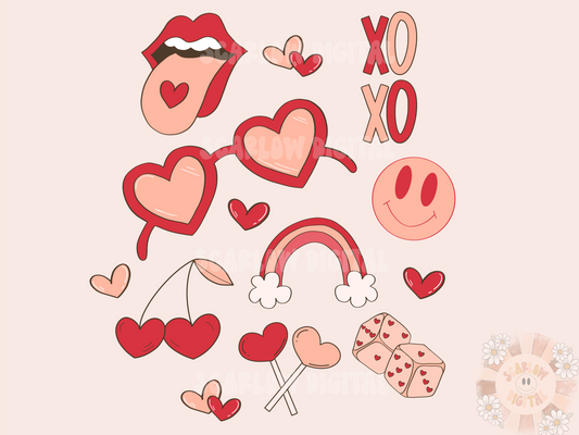 Valentine's Day Doodles PNG Sublimation Digital Design Download-sunglasses png, heart sucker png, hearts png, cherry png, xoxo png, smiling