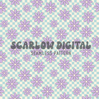 Retro Floral Seamless Pattern Sublimation Digital Design Download, checkered seamless, hippie seamless, retro seamless, floral seamless