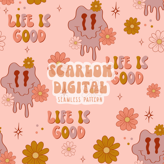 Life is Good Seamless Pattern-Smiling Sublimation Digital Design Download-floral seamless pattern, smile sublimation, groovy seamless design