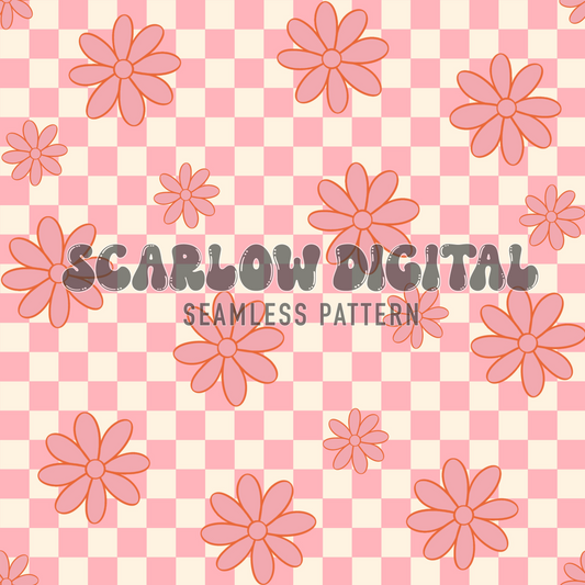 Retro Floral Seamless Pattern Sublimation Digital Design Download, checkered seamless, hippie seamless, retro seamless, floral seamless