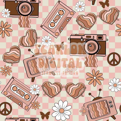 Vintage Doodles Seamless Pattern-Summer Sublimation Digital Design Download-sunglasses seamless file, boho cassette tape seamless pattern