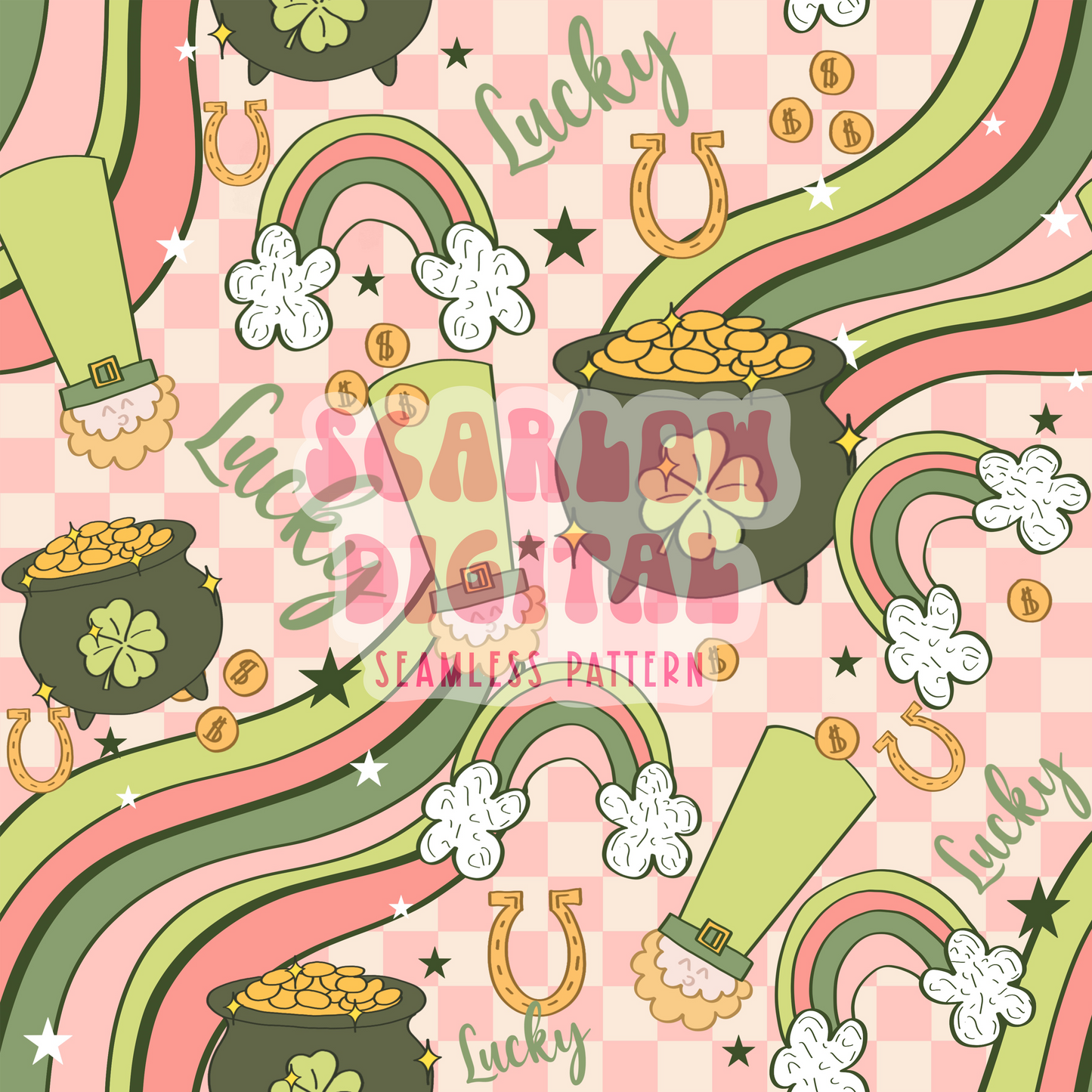 Lucky Rainbow Seamless Pattern-Saint Patty's Day Sublimation Digital Design Download- leprechaun seamless pattern, lucky girl seamless file