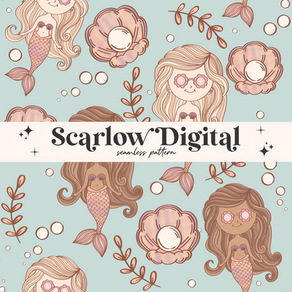 Mermaid Seamless Pattern-Summer Sublimation Digital Design Download-sea shells seamless, beachy seamless file, girly seamless, trendy design